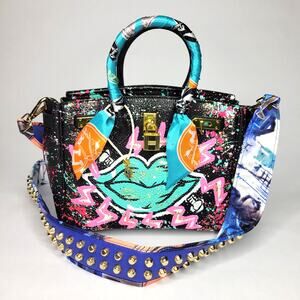 NEW Anca Barbu Green Lips Tote Electric Handbag Purse Handpainted